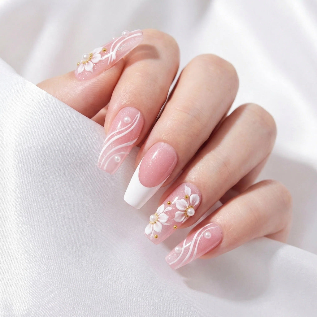 Whit Floral High-Quality Handmade Press-On Nails 10PC Set