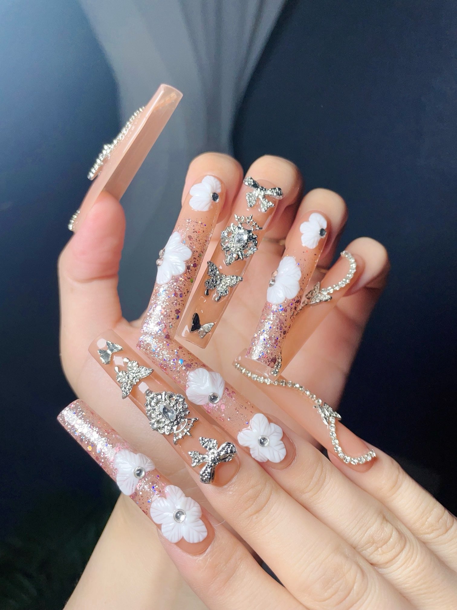 Pink Floral Extra Long High-Quality Handmade Luxury Press On Nails 10PC Set